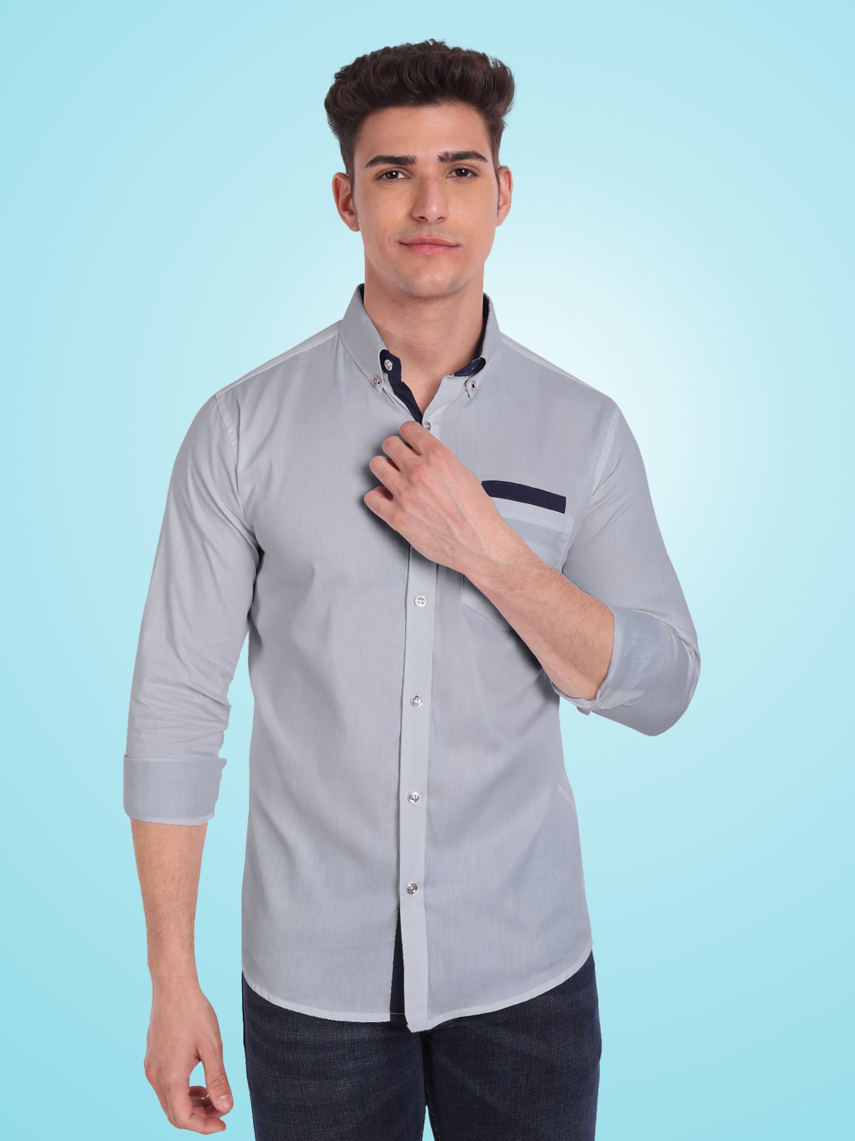 Men's Casual Full Sleeve Silver Button Shirt in White by BLUE ROBED, fit view