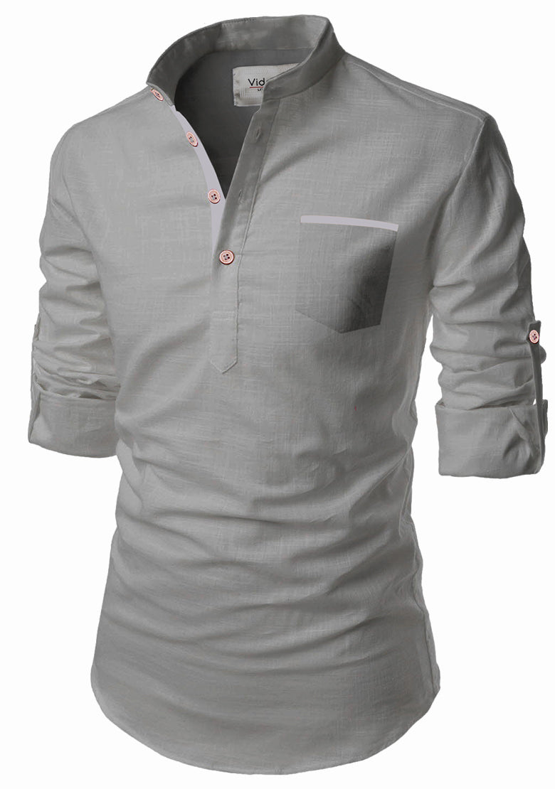 BLUE ROBED men's Casual Slim Fit Full Sleeve Pocket Contrast Kurta in Grey view 23