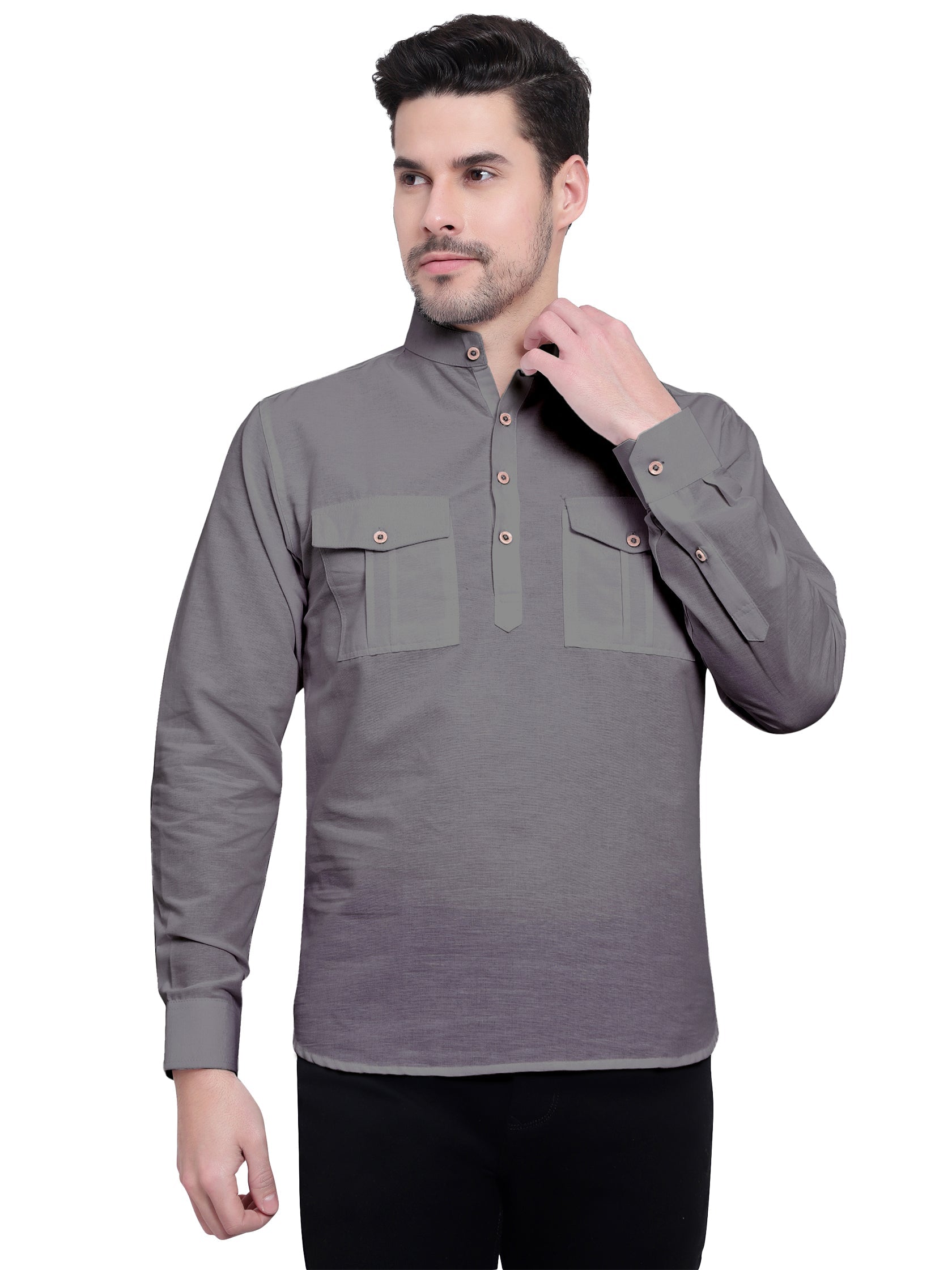 BLUE ROBED men's Casual Slim Fit Full Sleeve Double Pocket Cotton Kurta in Grey view 57