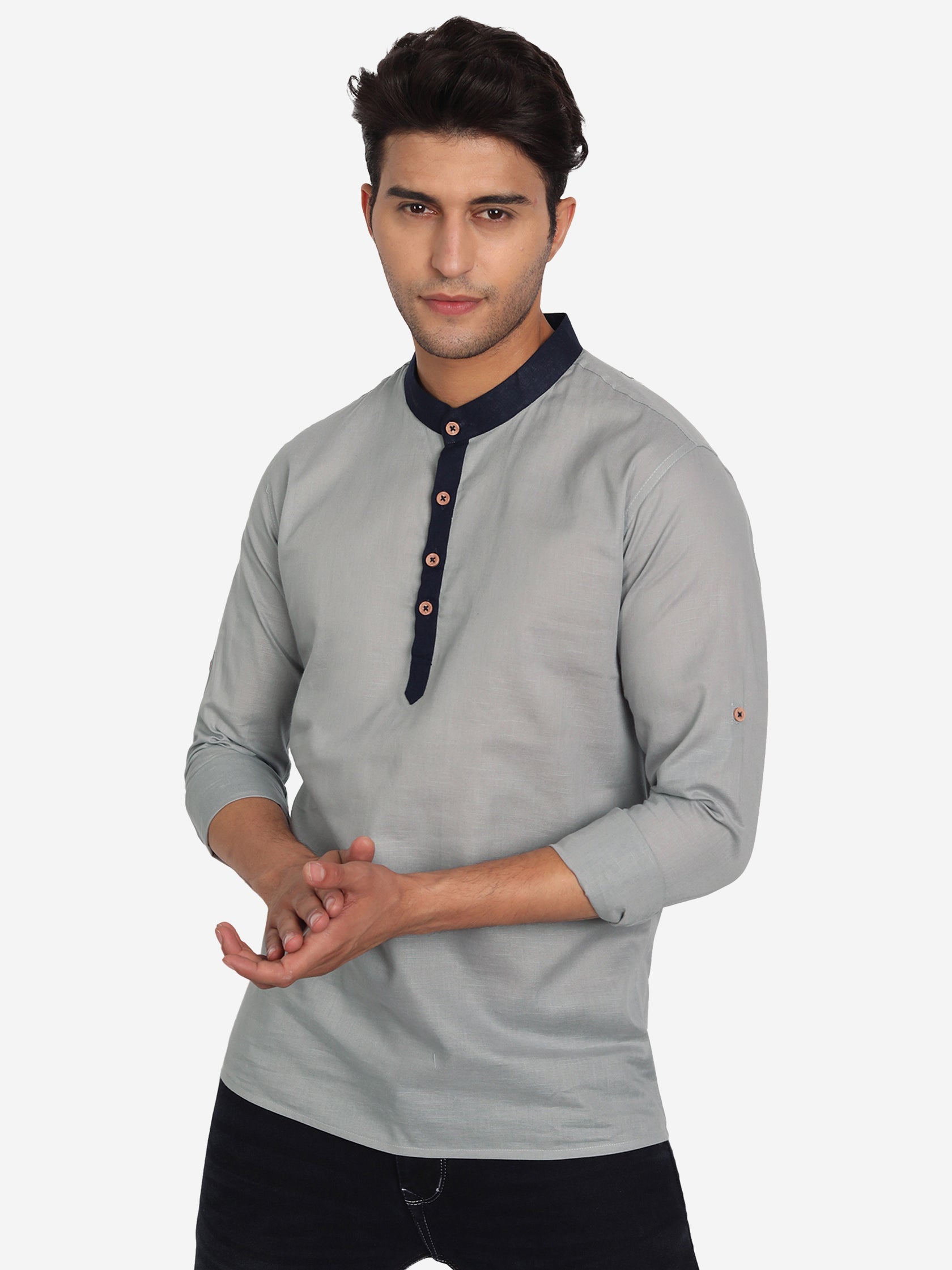 BLUE ROBED Men Slim Fit Contrast Collar Kurta in Grey view 10