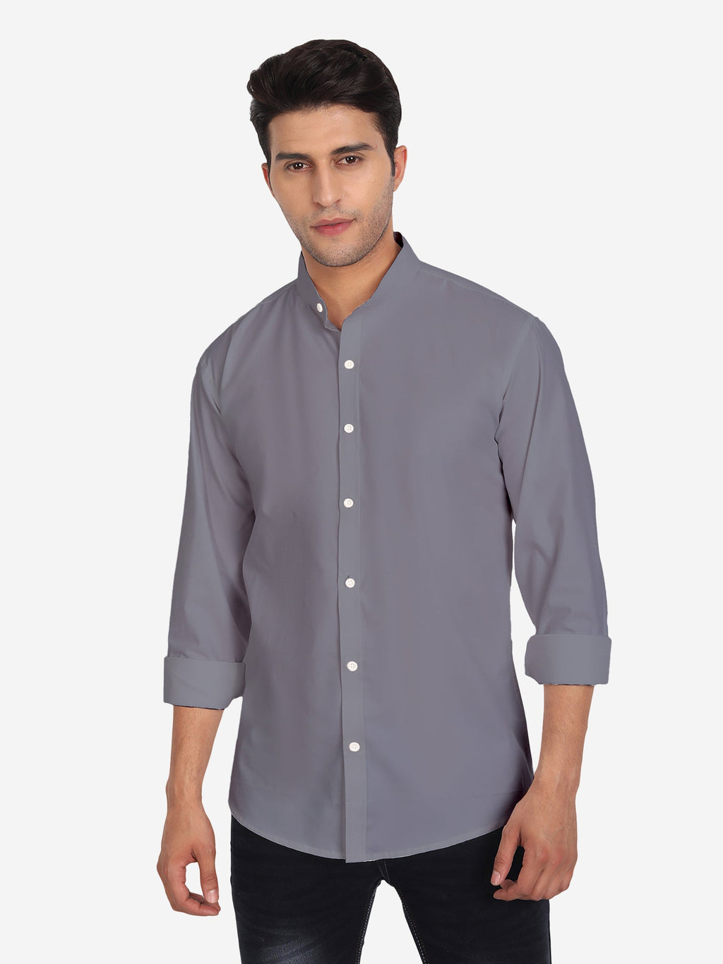 Men's Pure Cotton Mandarin Collar Casual Shirt in White by BLUE ROBED, detail view