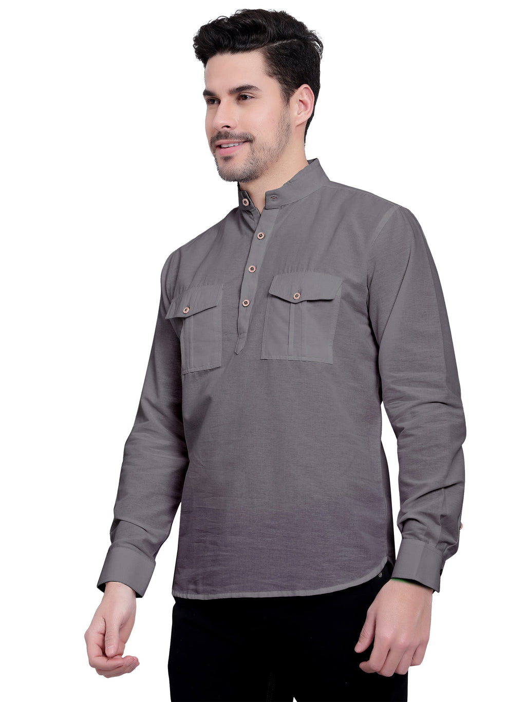 BLUE ROBED men's Casual Slim Fit Full Sleeve Double Pocket Cotton Kurta in Grey view 58