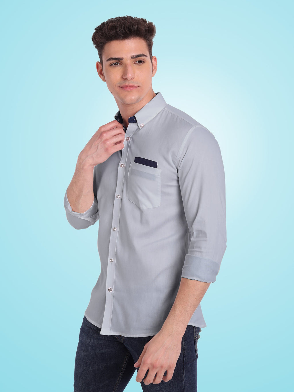 Men's Casual Full Sleeve Silver Button Shirt in White by BLUE ROBED, fabric detail