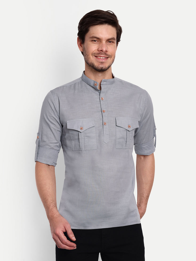 BLUE ROBED men's Casual Slim Fit Full Sleeve Double Pocket Cotton Trendy Kurta in Grey view 50