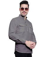 BLUE ROBED men's Casual Slim Fit Full Sleeve Double Pocket Cotton Kurta in Grey view 59