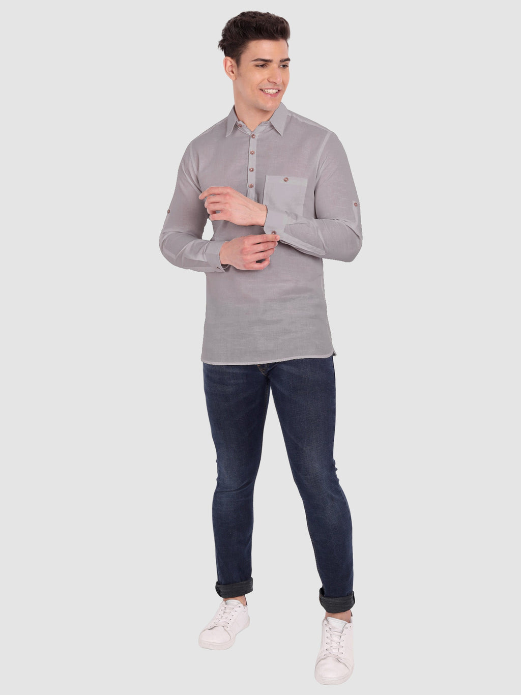BLUE ROBED men's Full Sleeve Casual Cotton Kurta in Grey view 29