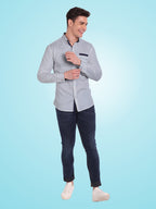Men's Casual Full Sleeve Silver Button Shirt in White by BLUE ROBED, back view