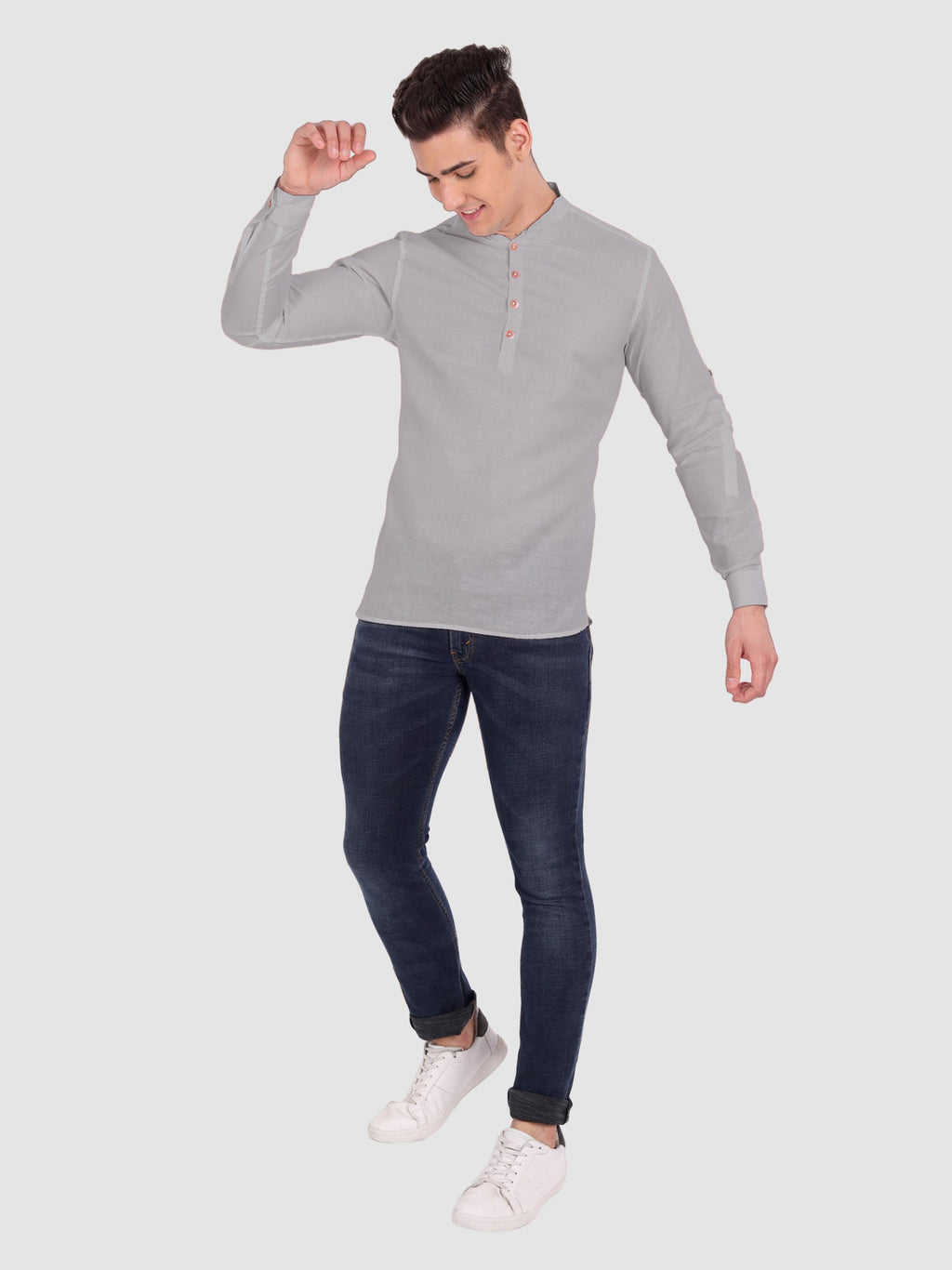 BLUE ROBED men's Casual Slim Fit Full Sleeve Cotton Kurta in Grey view 82