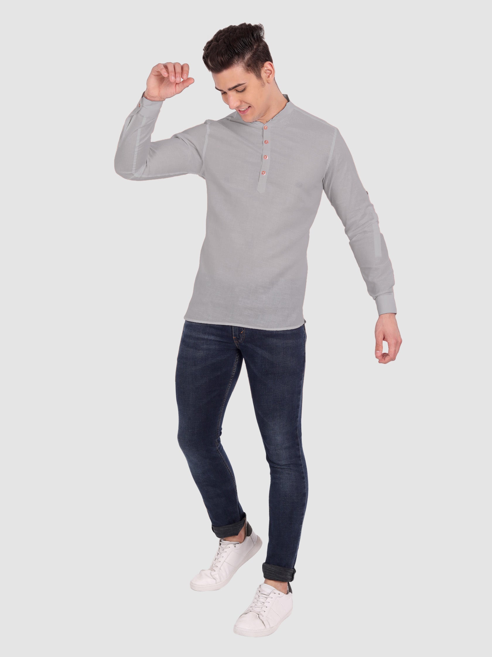 BLUE ROBED men's Casual Slim Fit Full Sleeve Cotton Kurta in Grey view 82