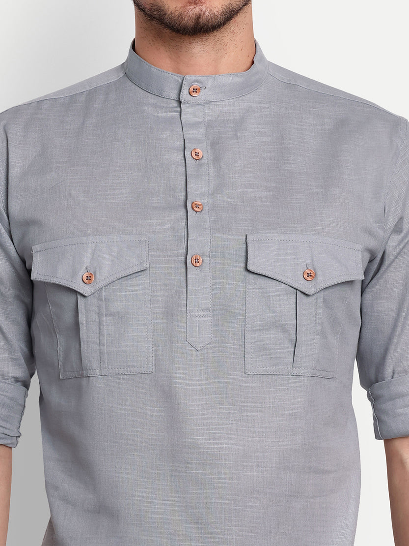 BLUE ROBED men's Casual Slim Fit Full Sleeve Double Pocket Cotton Trendy Kurta in Grey view 53