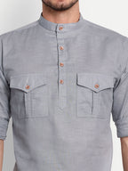 BLUE ROBED men's Casual Slim Fit Full Sleeve Double Pocket Cotton Trendy Kurta in Grey view 53