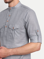 BLUE ROBED men's Casual Slim Fit Full Sleeve Double Pocket Cotton Trendy Kurta in Grey view 54