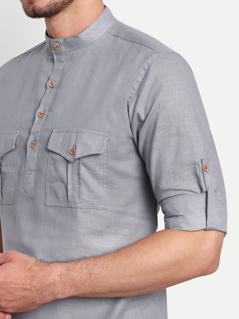 BLUE ROBED men's Casual Slim Fit Full Sleeve Double Pocket Cotton Trendy Kurta in Grey view 54