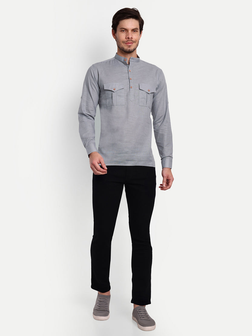 BLUE ROBED men's Casual Slim Fit Full Sleeve Double Pocket Cotton Trendy Kurta in Grey view 56