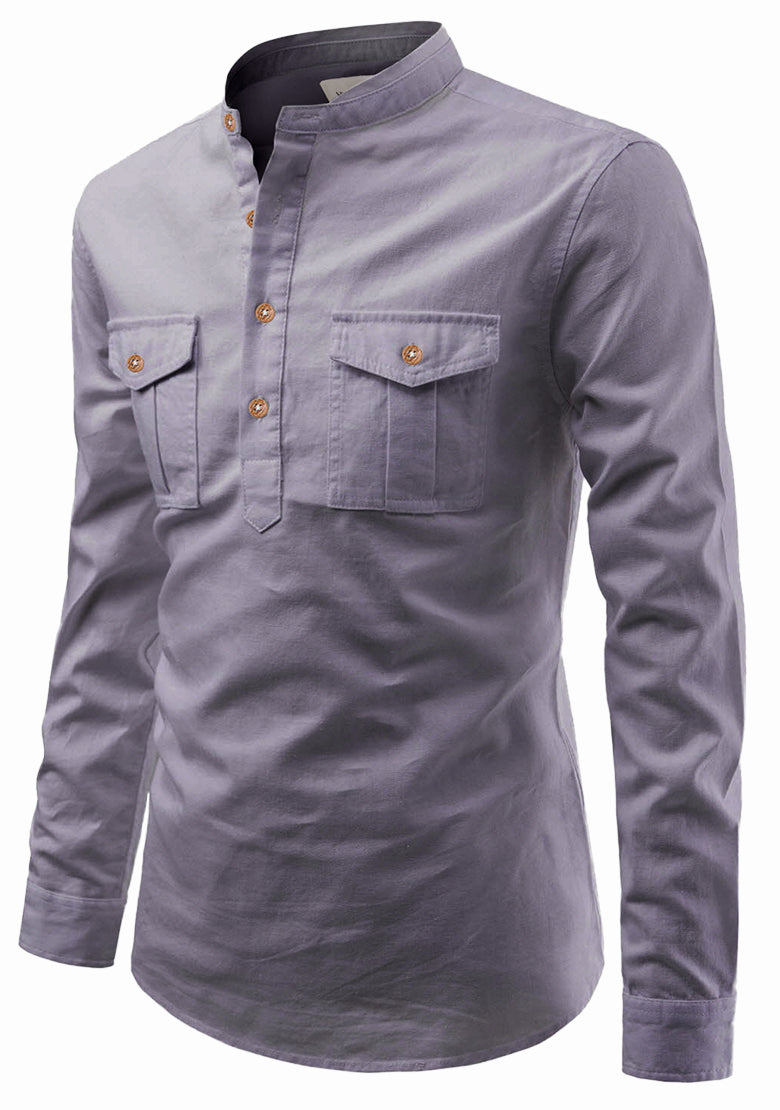BLUE ROBED men's Casual Slim Fit Full Sleeve Double Pocket Cotton Kurta in Grey view 36