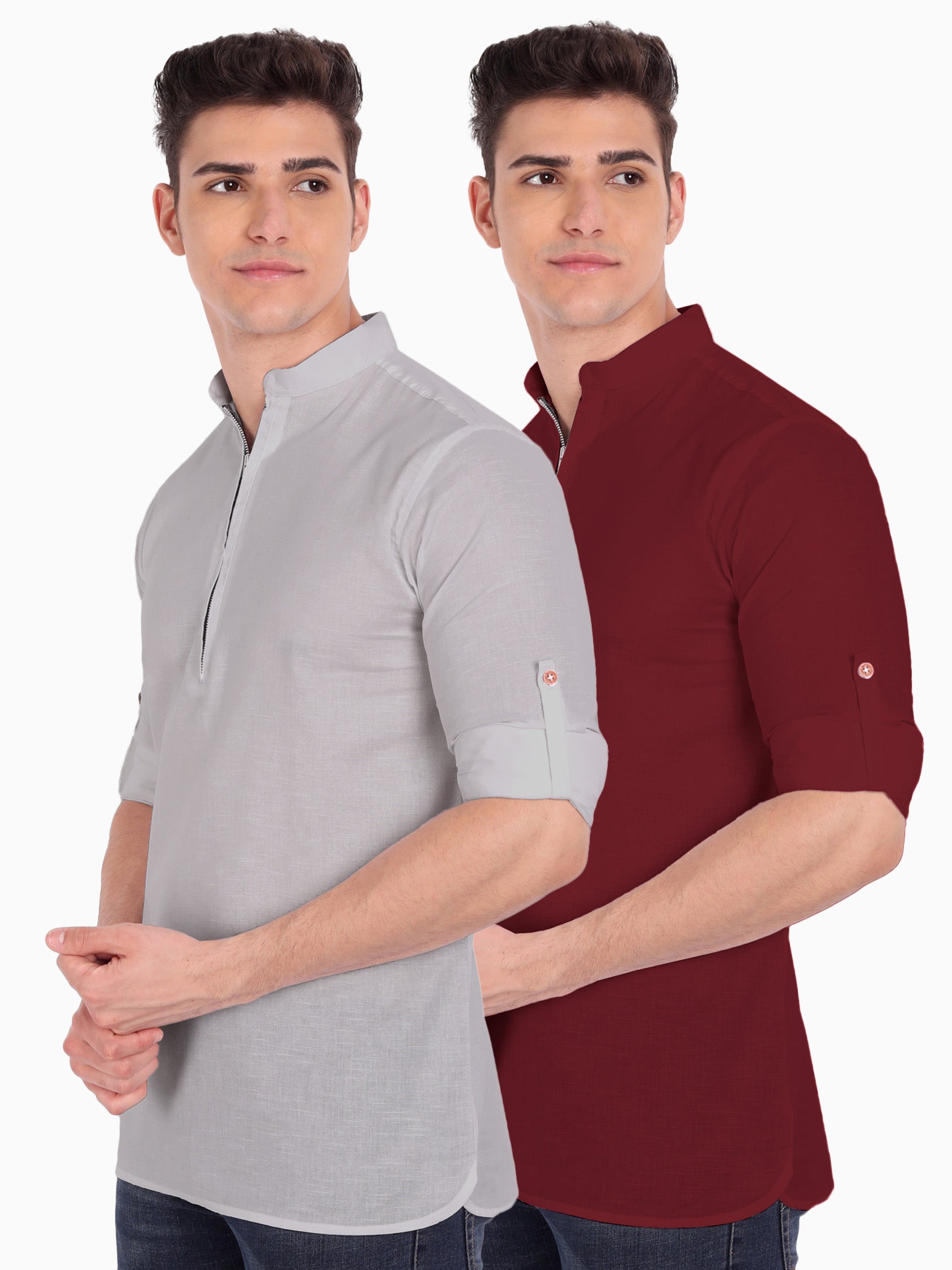 BLUE ROBED men's Casual ZIP Style Full Sleeve Cotton Kurta (Pack 2) in Grey Main image