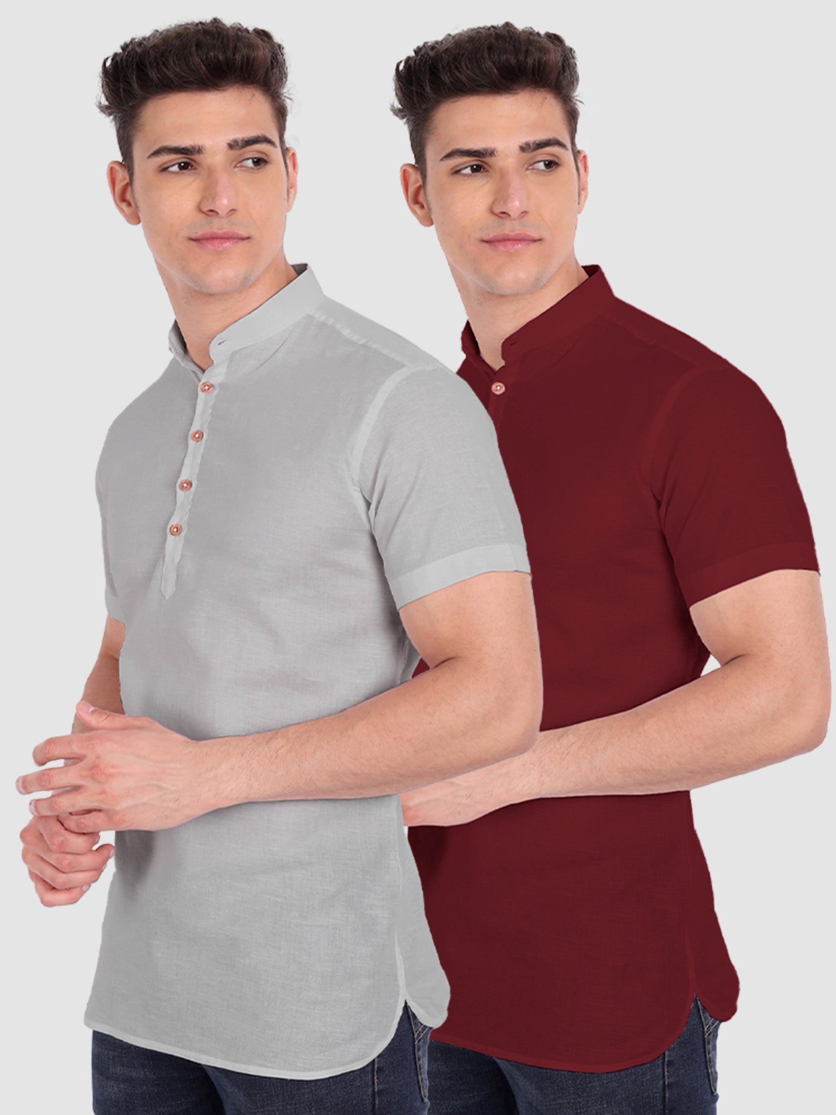 BLUE ROBED men's Casual Slim Fit Half Sleeve Cotton Kurta (Pack 2) in Grey