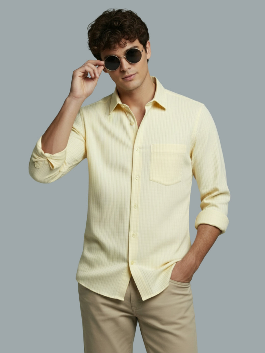 Men's Full Sleeve Spread Collar Premium Casual Shirt for Men Daily Wear in Black by BLUE ROBED, detail view