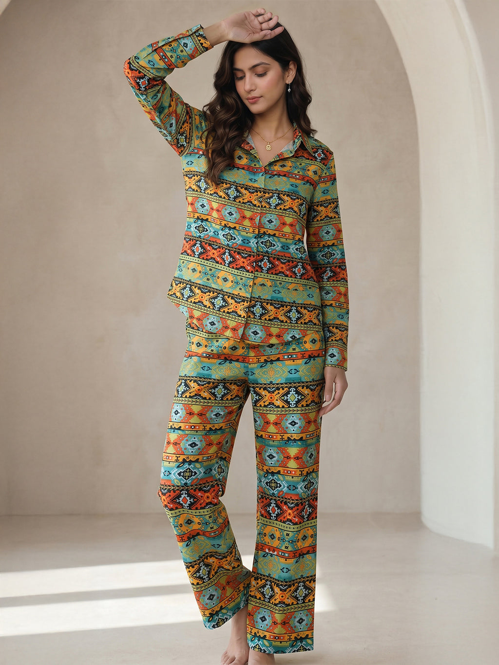 Women's Two Piece Set, Baby Green, Shirts with Wide Leg Trousers, Full Sleeve