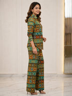 Women's Two Piece Set, Baby Green, Shirts with Wide Leg Trousers, Full Sleeve