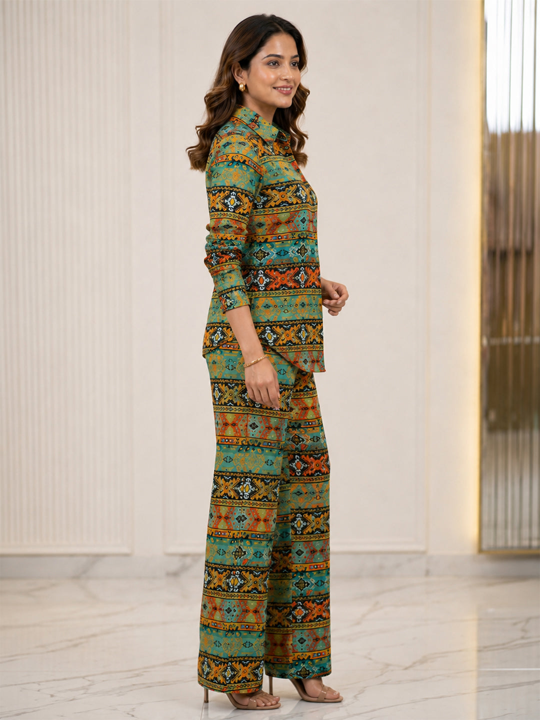 Women's Two Piece Set, Baby Green, Shirts with Wide Leg Trousers, Full Sleeve