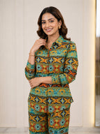 Women's Two Piece Set, Baby Green, Shirts with Wide Leg Trousers, Full Sleeve