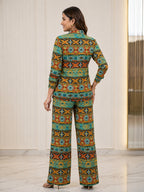 Women's Two Piece Set, Baby Green, Shirts with Wide Leg Trousers, Full Sleeve
