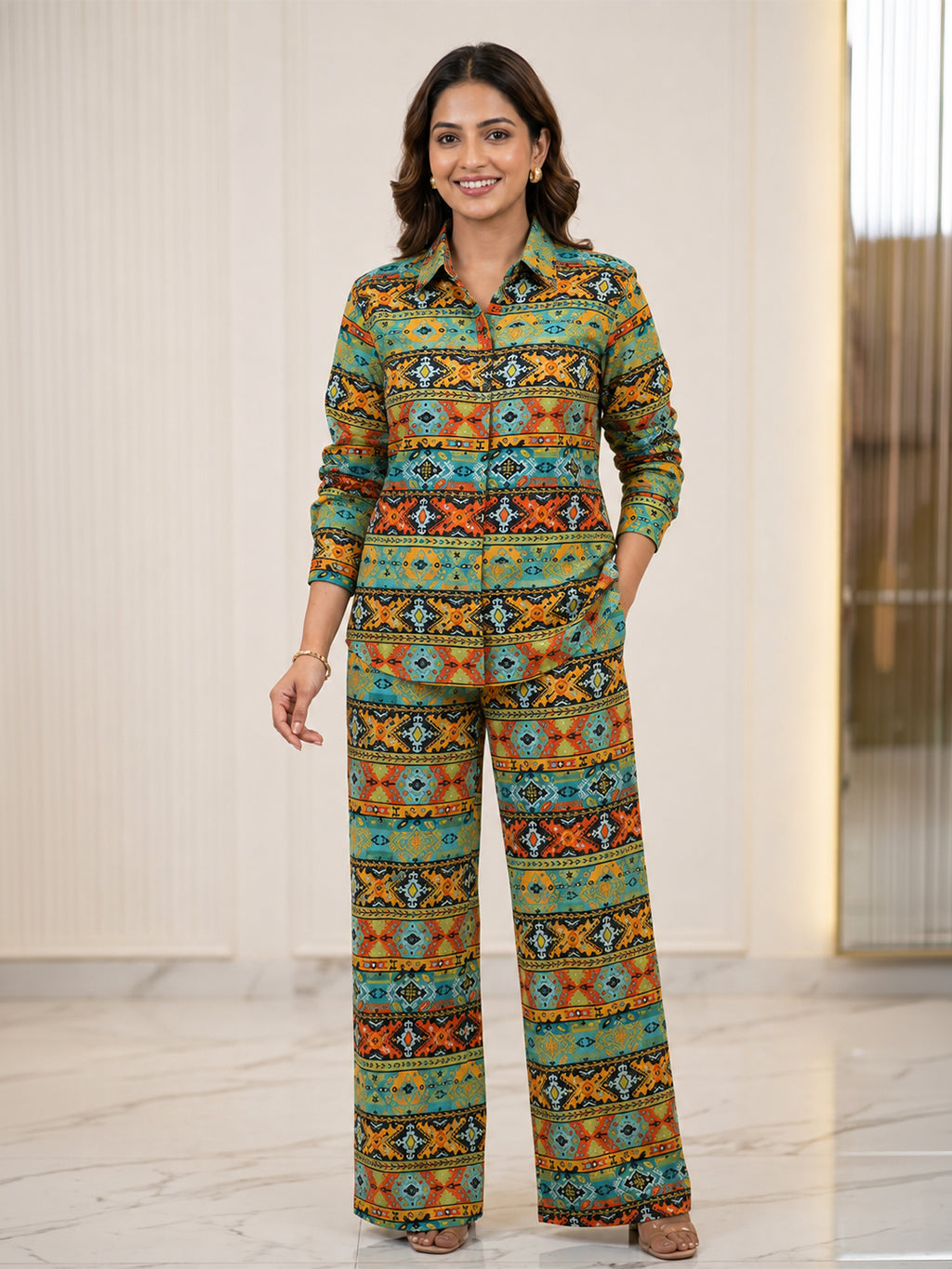 Women's Two Piece Set, Baby Green, Shirts with Wide Leg Trousers, Full Sleeve