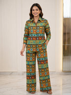 Women's Two Piece Set, Baby Green, Shirts with Wide Leg Trousers, Full Sleeve