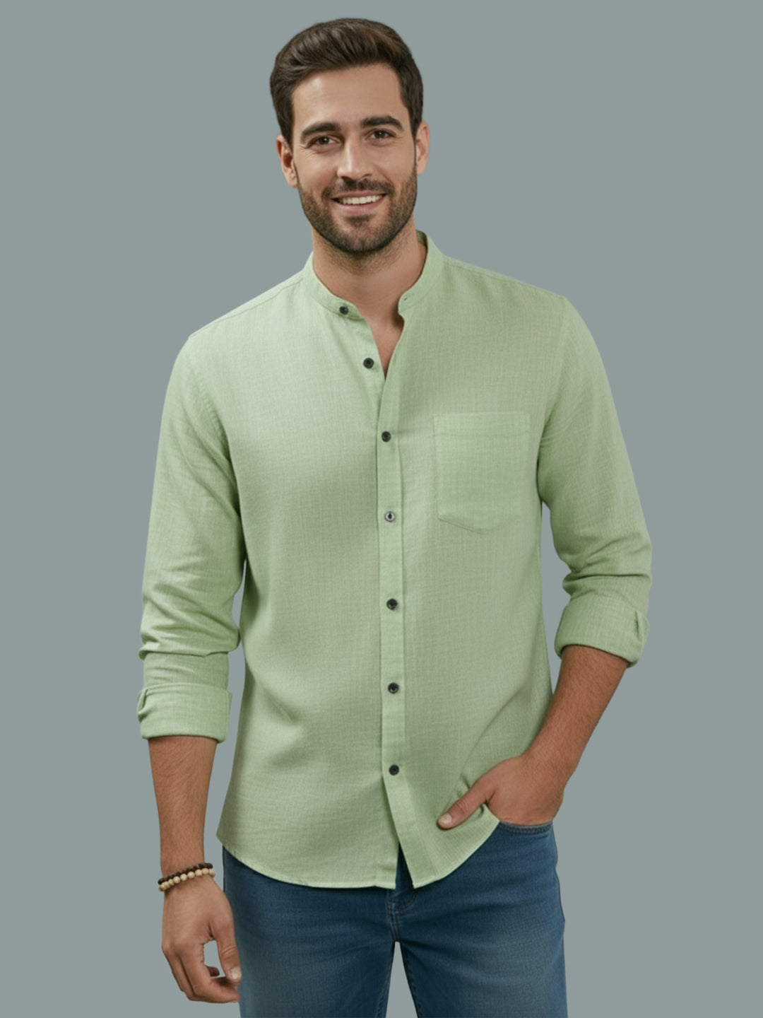 Full Sleeve Chinese Collar Cotton Slim Shirt for Men and Boys in Shirt For Men And Pink by BLUE ROBED, fit view