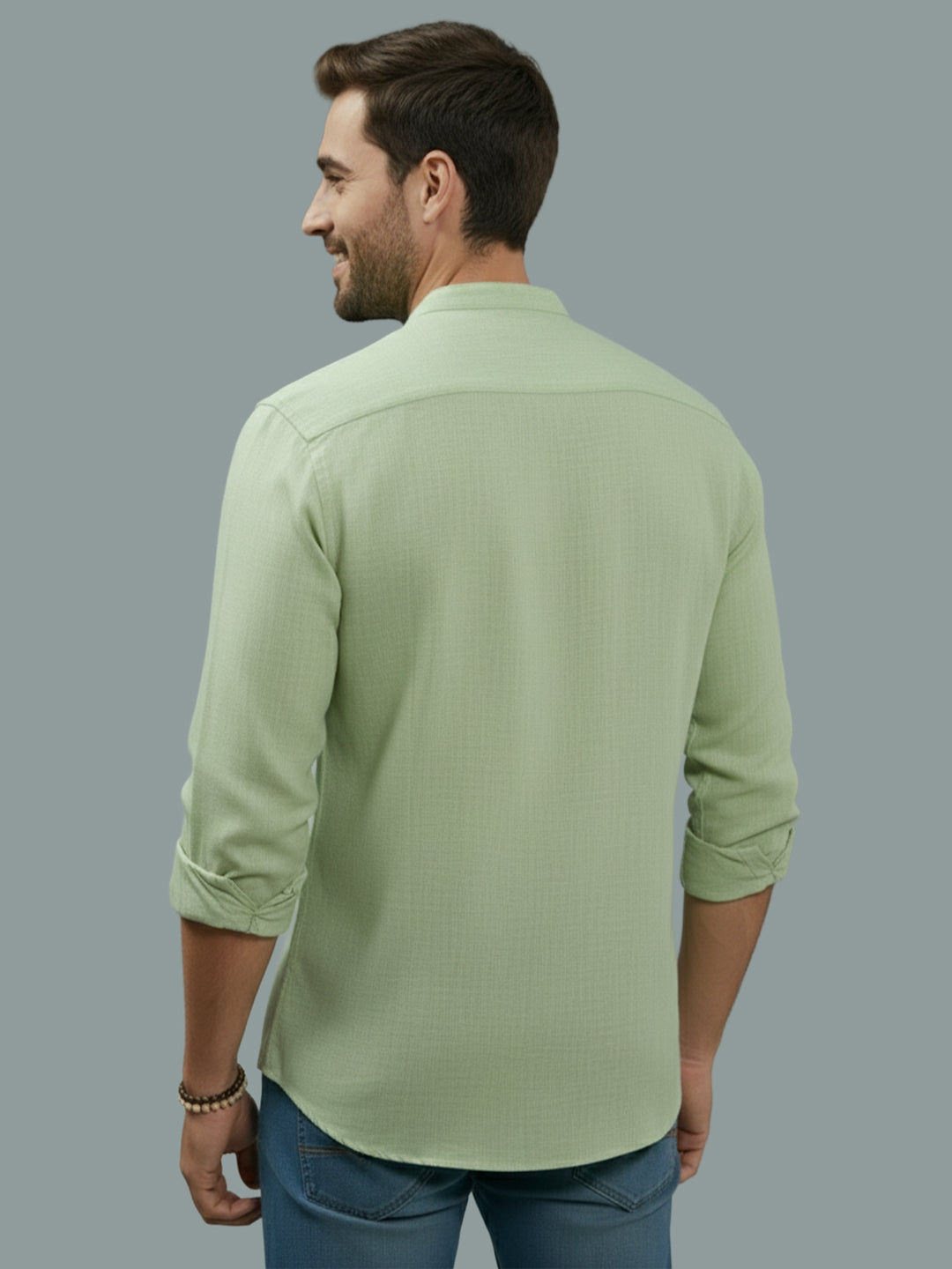 Full Sleeve Chinese Collar Cotton Slim Shirt for Men and Boys in Shirt For Men And Pink by BLUE ROBED, back view