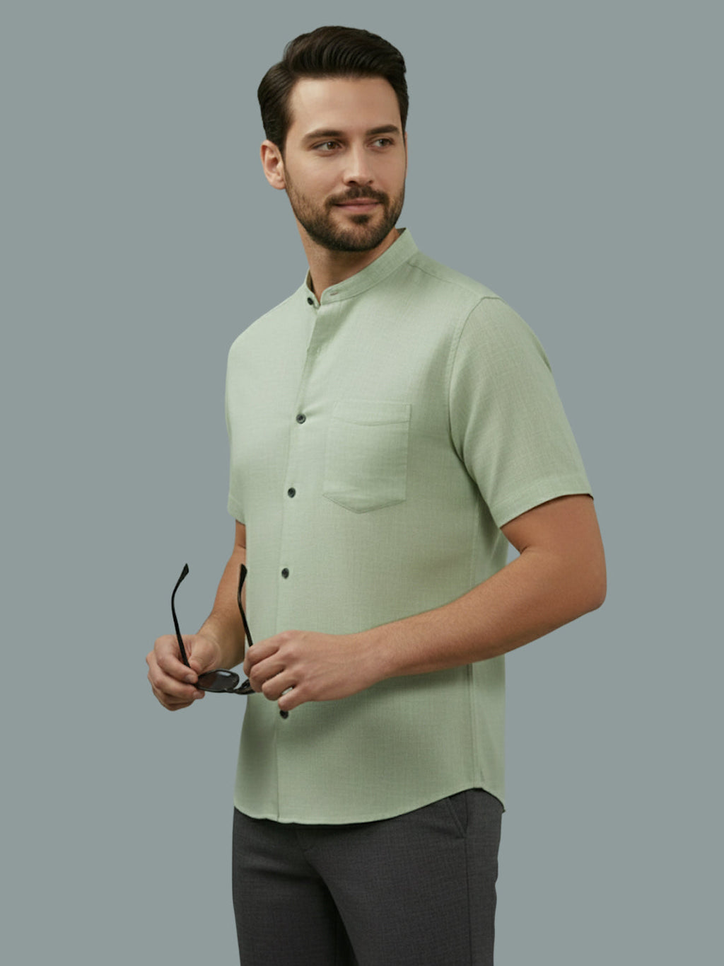 Half Sleeve Chinese Collar Cotton Slim Shirt for Men and Boys in Shirt For Men And White by BLUE ROBED, detail view