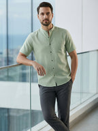 Half Sleeve Chinese Collar Cotton Slim Shirt for Men and Boys in Shirt For Men And White by BLUE ROBED, fit view