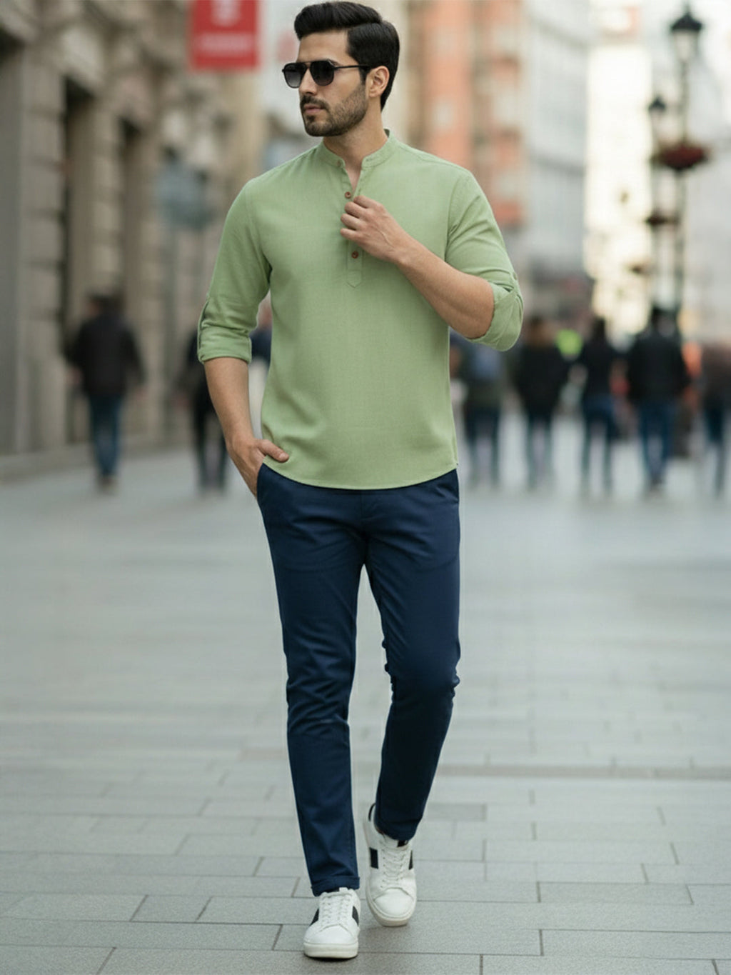 BLUE ROBED Full Sleeve Kurta for men Office Wear in LTGRN view 98