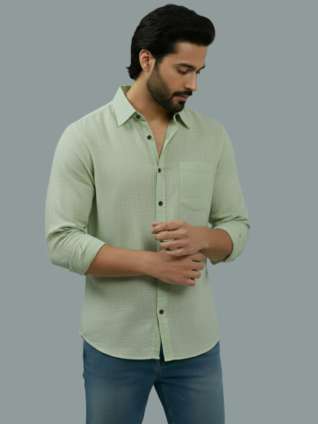 Full Sleeve Spread Collar Cotton Slim Shirt for Men and Boys in Shirt For Men And Green by BLUE ROBED, detail view