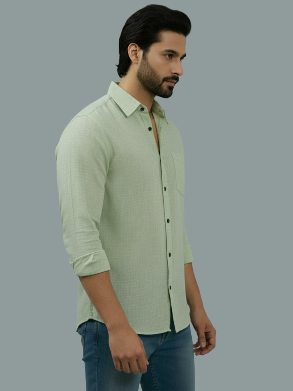 Full Sleeve Spread Collar Cotton Slim Shirt for Men and Boys in Shirt For Men And Green by BLUE ROBED, fit view