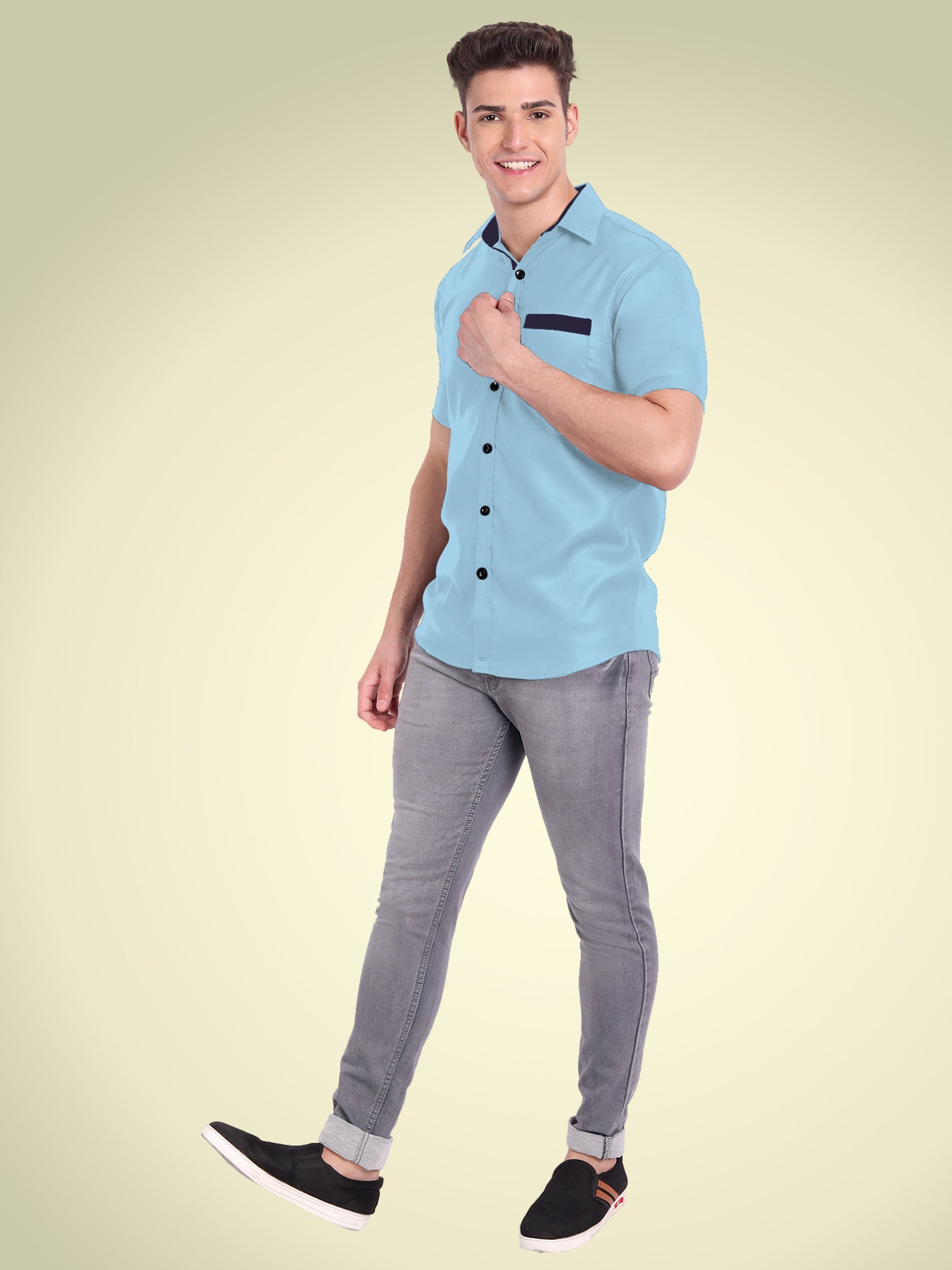 Men's Casual Half Sleeve Silver Button Shirt in Black by BLUE ROBED, detail view