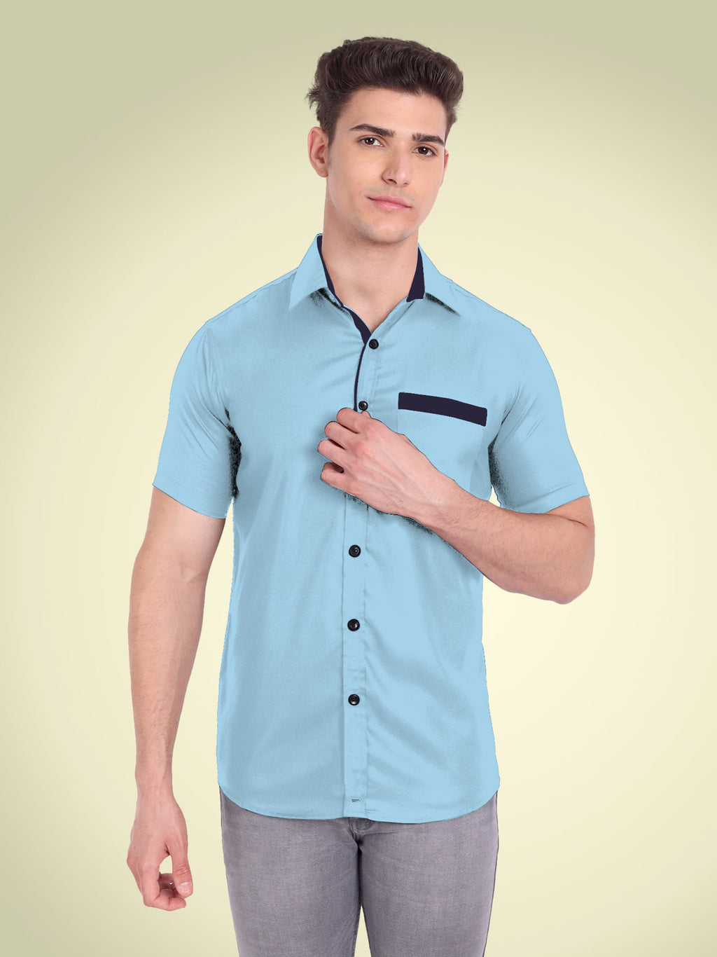 Men's Casual Half Sleeve Silver Button Shirt in Black by BLUE ROBED, style view