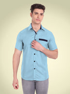 Men's Casual Half Sleeve Silver Button Shirt in Black by BLUE ROBED, style view
