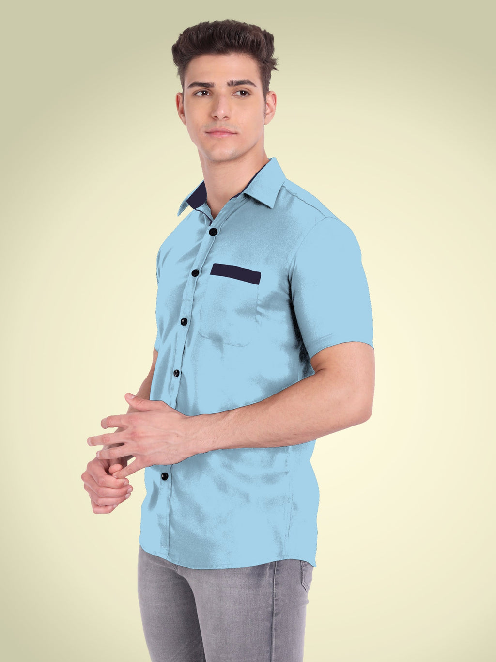Men's Casual Half Sleeve Silver Button Shirt in Black by BLUE ROBED, fit view