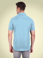 Men's Casual Half Sleeve Silver Button Shirt in Black by BLUE ROBED, fabric detail