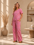 Women's Printed Linen Cotton Night Suit Co-ord Set | Half Sleeve Top & Full-Length Pyjama | Soft & Breathable Sleepwear