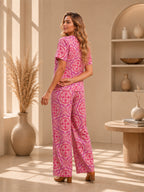 Women's Printed Linen Cotton Night Suit Co-ord Set | Half Sleeve Top & Full-Length Pyjama | Soft & Breathable Sleepwear
