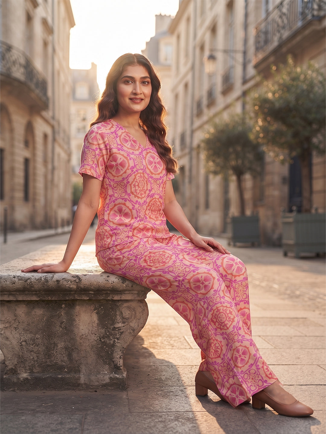 Women's Printed Linen Cotton Night Suit Co-ord Set | Half Sleeve Top & Full-Length Pyjama | Soft & Breathable Sleepwear
