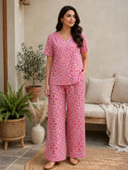 Women's Printed Linen Cotton Night Suit Co-ord Set | Half Sleeve Top & Full-Length Pyjama | Soft & Breathable Sleepwear
