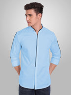 Men's Shoulder Piping Full Sleeve Shirt in Black by BLUE ROBED, fabric detail
