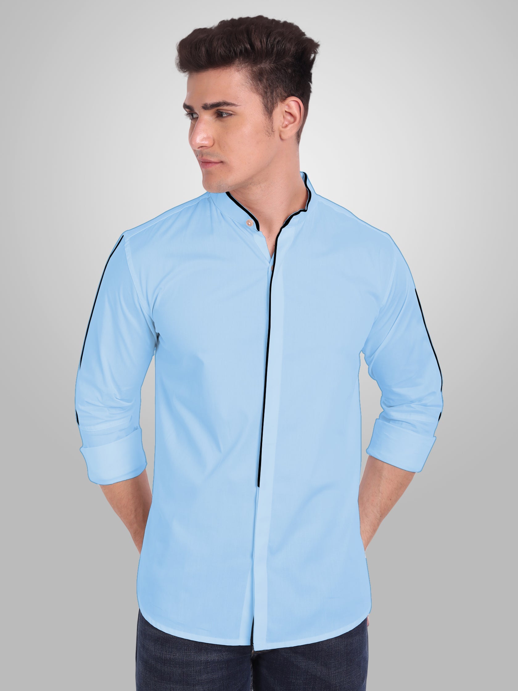 Men's Shoulder Piping Full Sleeve Shirt in Black by BLUE ROBED, fabric detail
