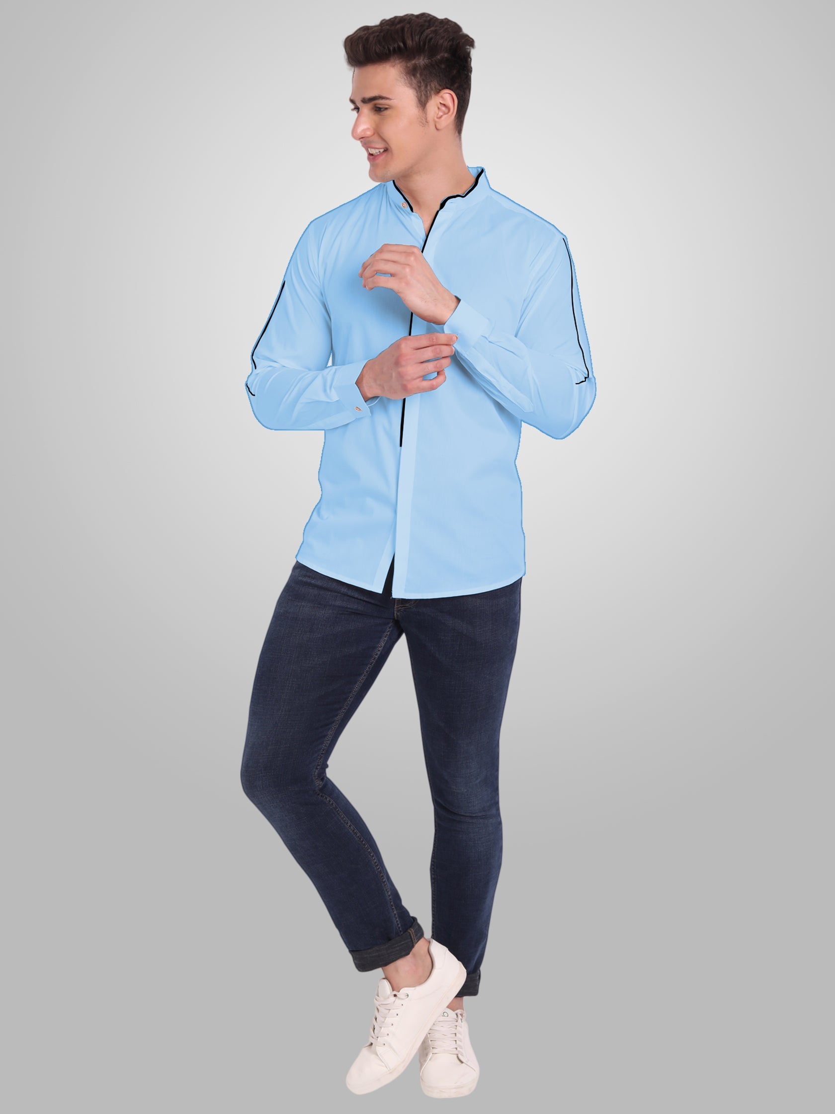Men's Shoulder Piping Full Sleeve Shirt in Black by BLUE ROBED, front view