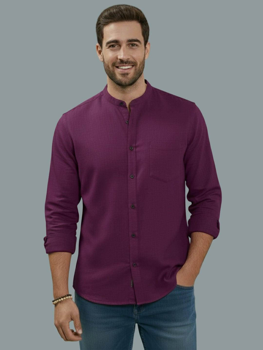 Full Sleeve Chinese Collar Cotton Slim Shirt for Men and Boys in Shirt For Men And Pink by BLUE ROBED, style view