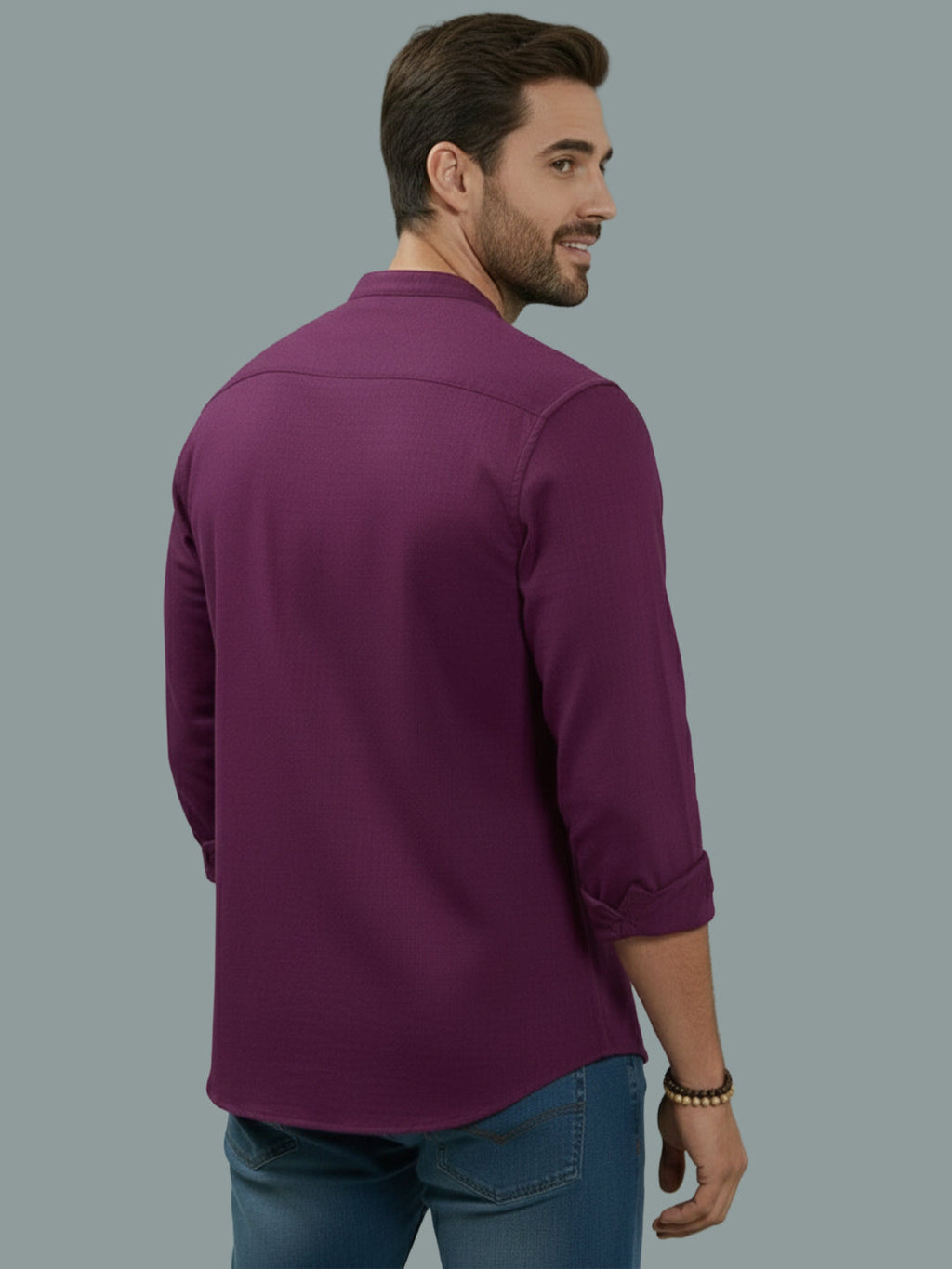 Full Sleeve Chinese Collar Cotton Slim Shirt for Men and Boys in Shirt For Men And Pink by BLUE ROBED, fabric detail
